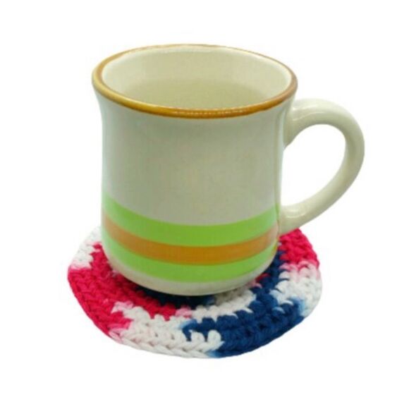 Handmade Tie Dye Green White Orange Crochet Cup Coasters One Set of 4 - Picture 2 of 7